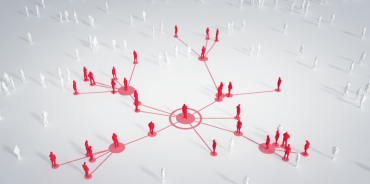 Illustration of red and white figures connected to each other, symbolizing social media analytics