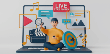 a cartoon character sitting on a laptop, holding a target and a megaphone, symbolizing video marketing techniques for boosting event awareness and registrations